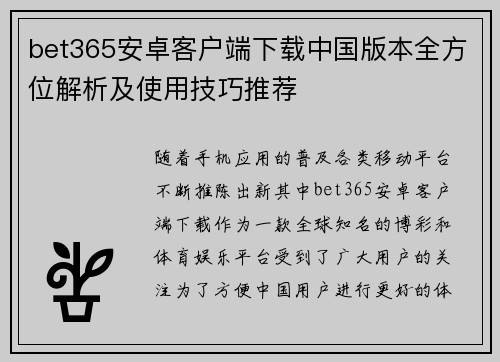 bet365安卓客户端下载中国版本全方位解析及使用技巧推荐